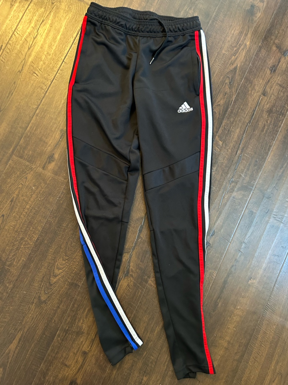 Adidas Black Track Pants with Red & Blue Side Stripes